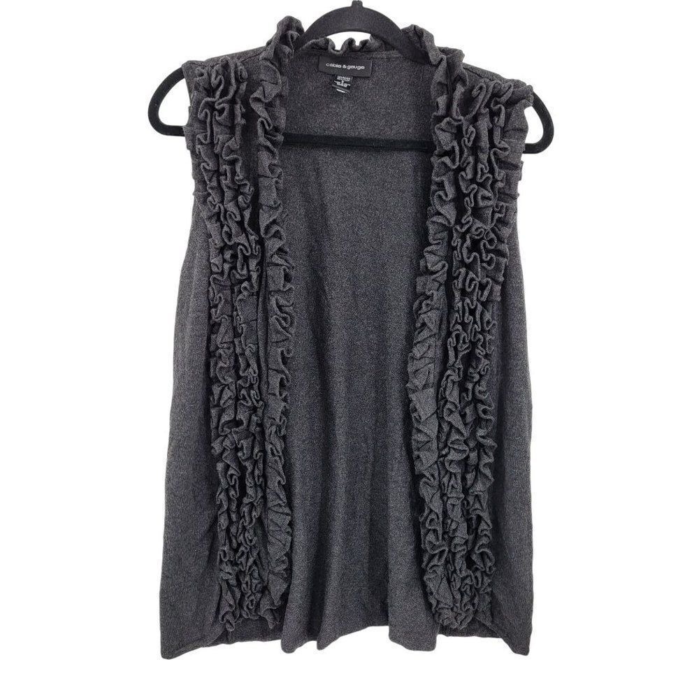 Cable & Gauge Cardigan Tunic Vest Sz S Sleeveless Longline Open Ruffle Knit Gray